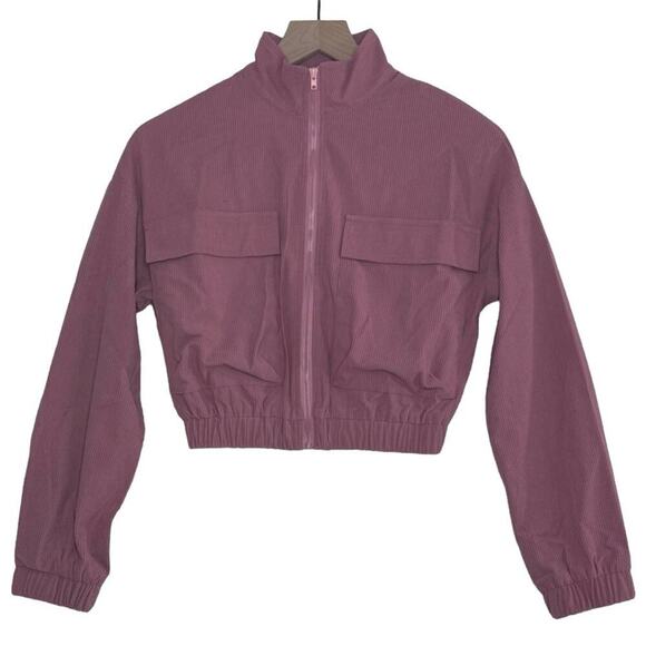 Saks Area Stars Size XS Waffle Zip Cropped Utility Bomber Jacket Mauve NEW - Picture 1 of 12